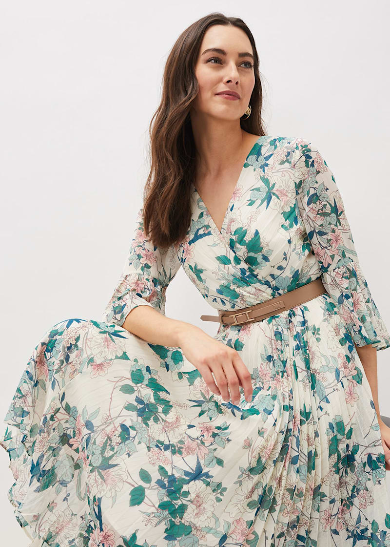 Ivory Floral V Neck Midi Dress with Green Accents Phase Eight