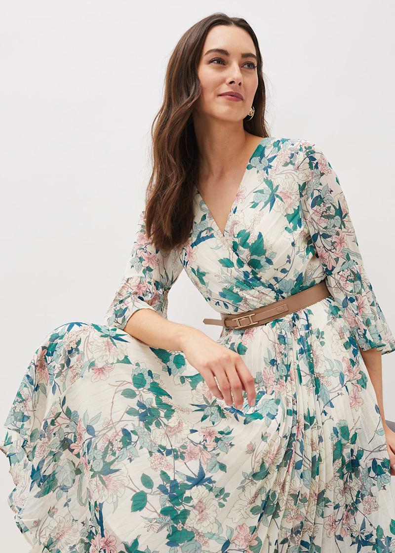 Ivory Floral V-Neck Midi Dress with Green Accents | Phase Eight |