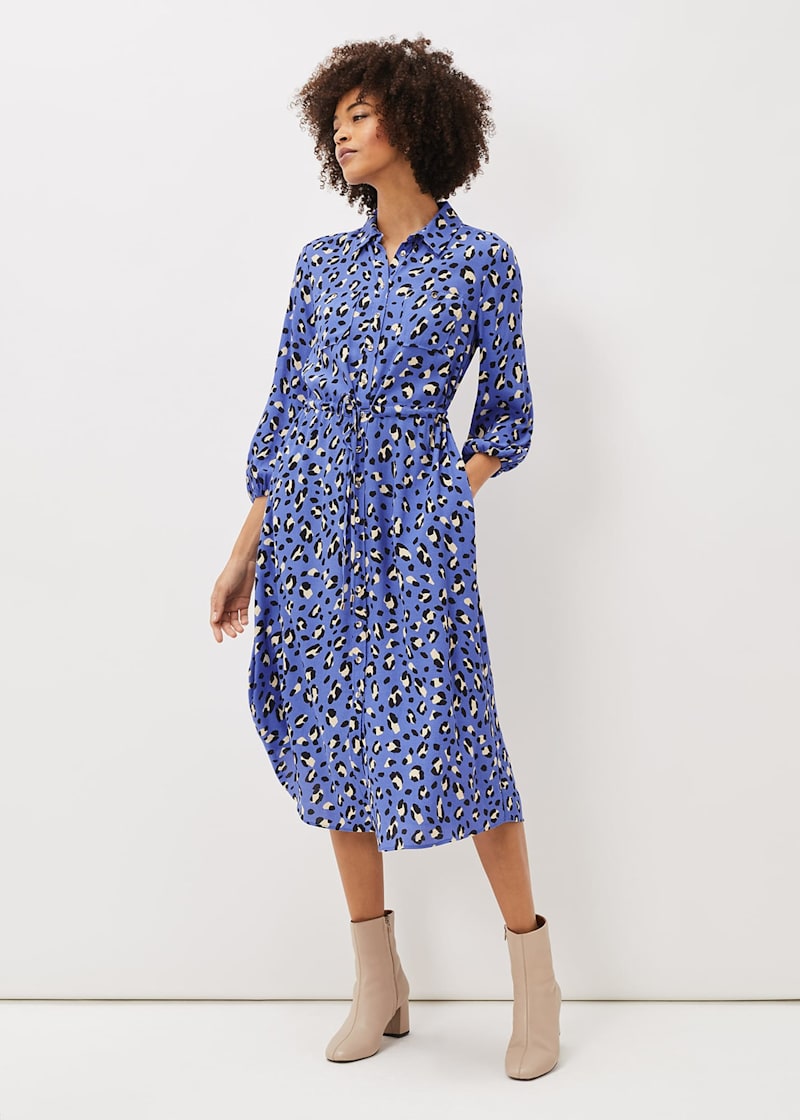 Alva Midi Shirt Dress in Bright Blue Leopard Print