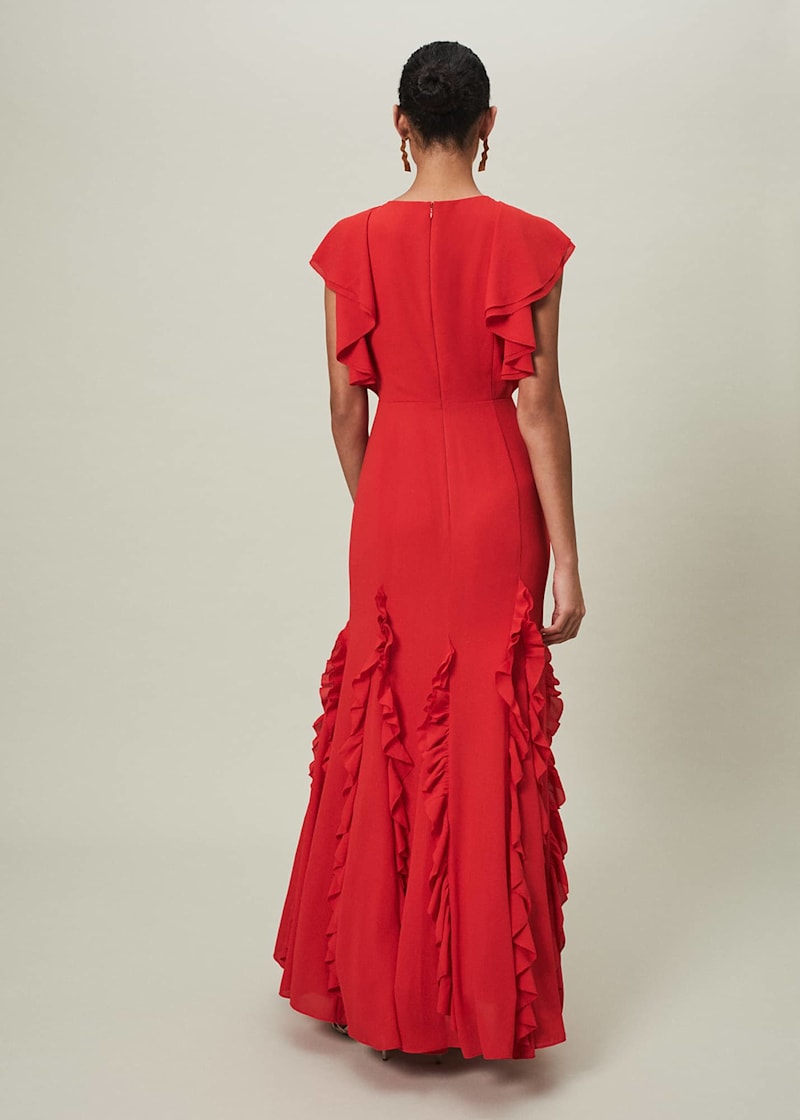 Red ruffle long dress hotsell