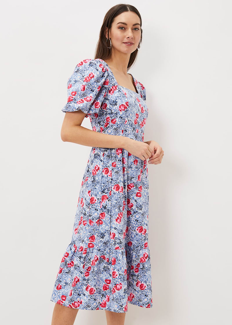 Cotton floral midi hot sale dress