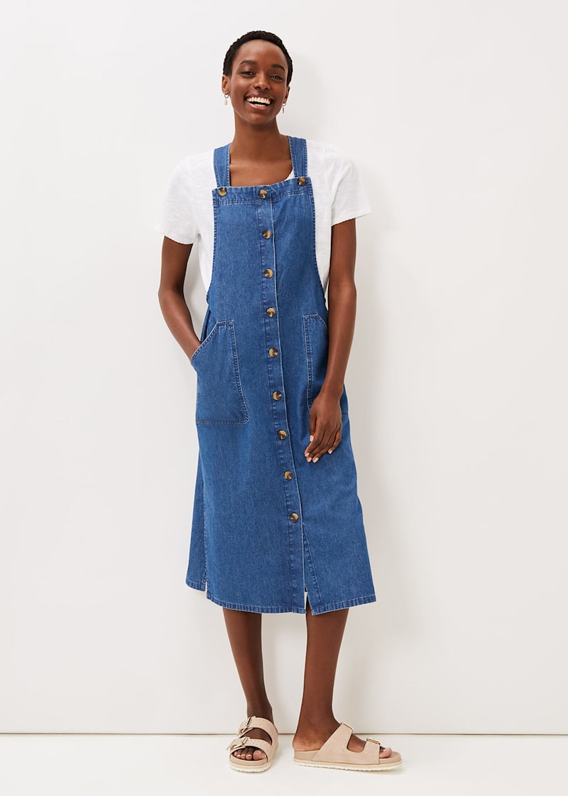 Plus Size Dark Blue Pockets Midi Denim Dungaree Dress – Pluspreorder