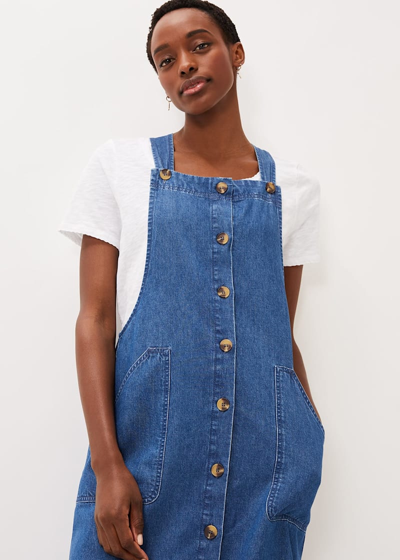 Denim pinafore dress with patch pockets - Women's Clothing Online Made in  Italy