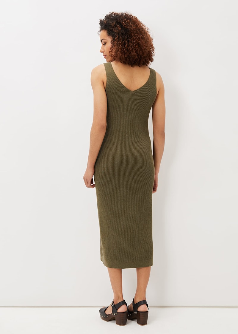 Khaki ribbed midi new arrivals dress