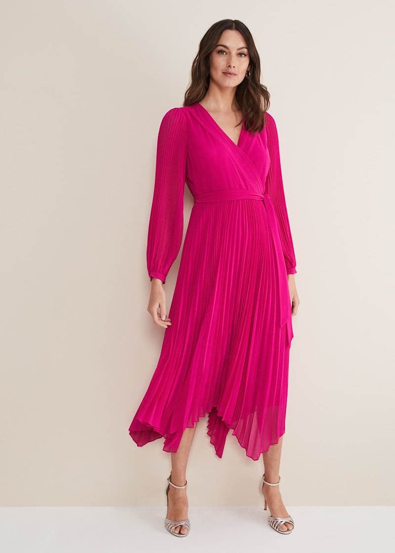 Wrap pleated online midi dress