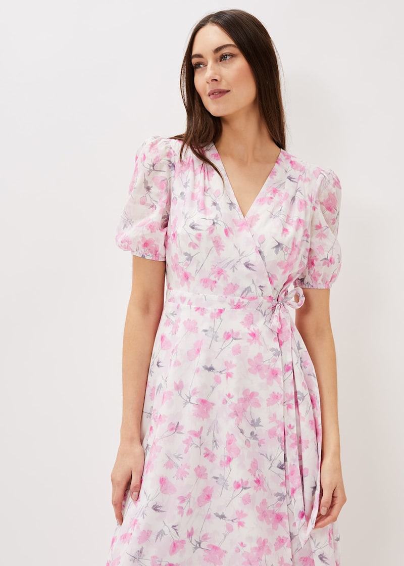 Pink floral wrap dress discount