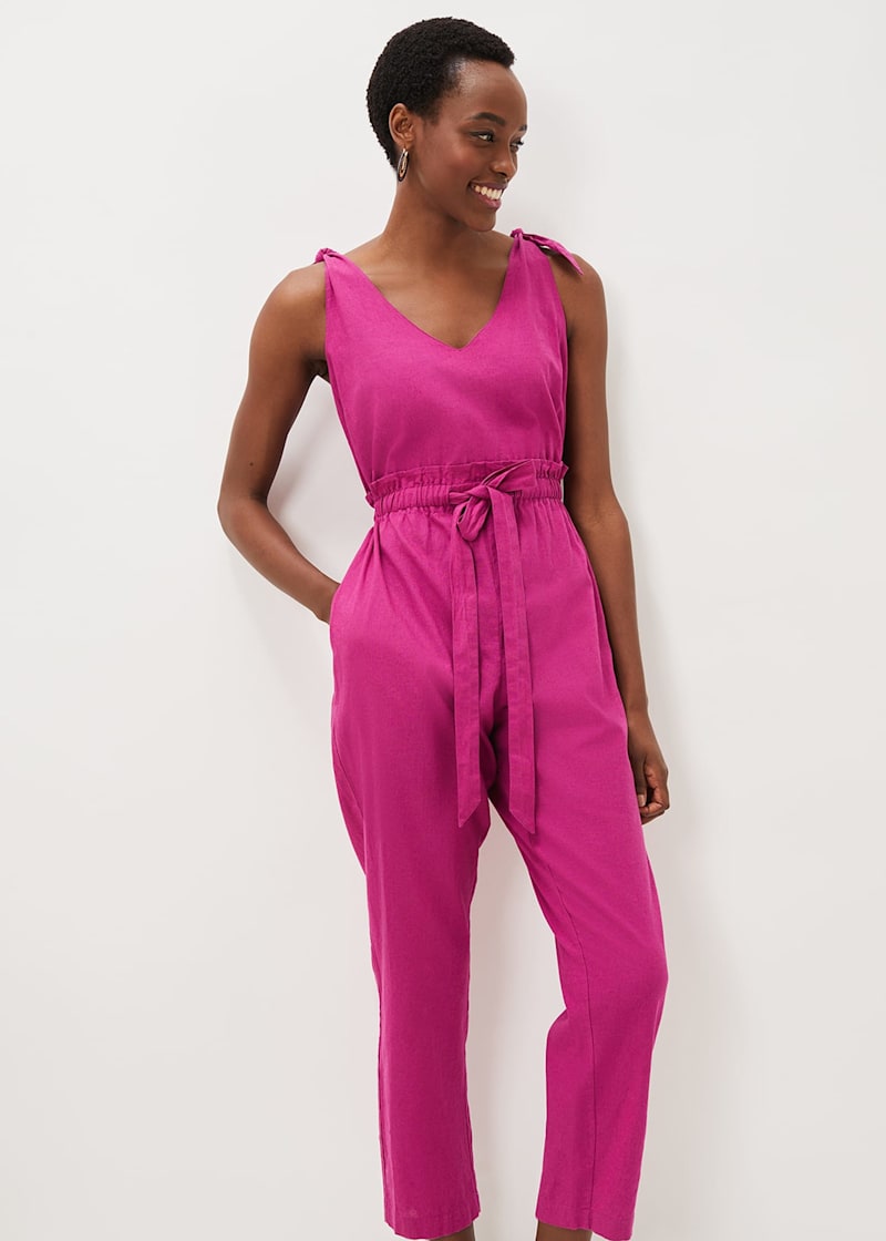 Pink linen store overalls