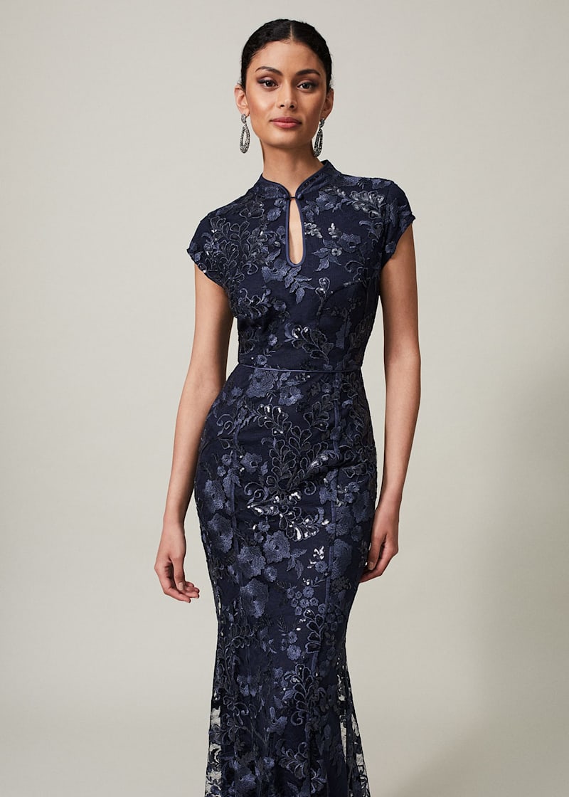 Floor Length Embellished Dress with Sleeves. 8037 sizes 14,18,20