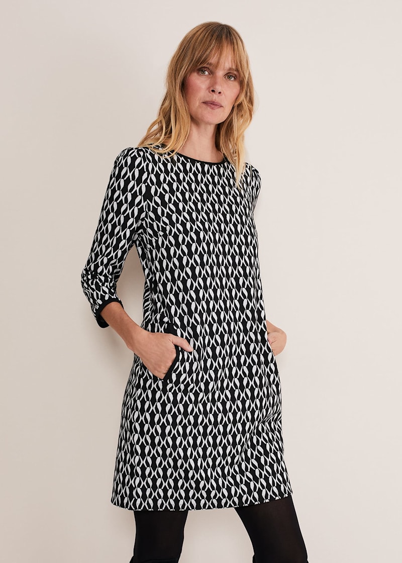 Mid-Length Dress Black and White Houndstooth Technical Cotton Jacquard