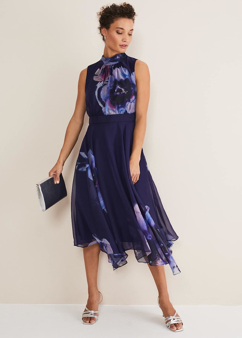 Purple Floral Chiffon Midi Dress | High Neckline | Phase Eight