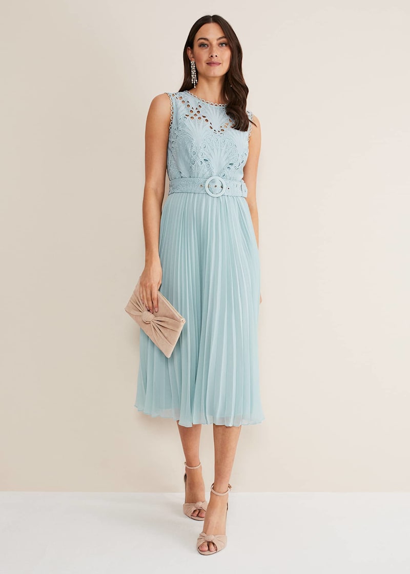 Light Blue Lace Bodice Midi Dress with Adjustable Belt Phase Eight