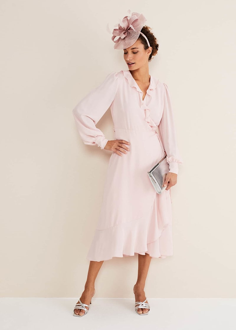 Chic Light Pink Ruffle Midi Dress with Tie Waist Phase Eight