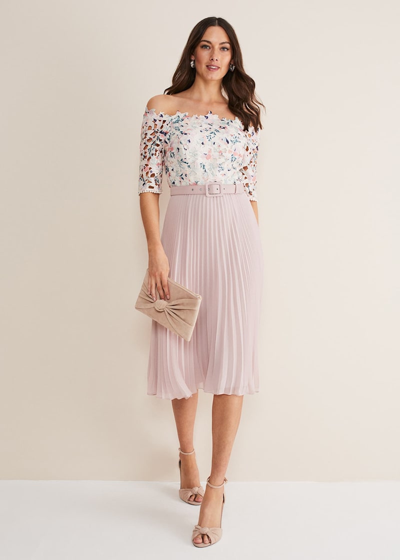 Off Shoulder Floral Appliqu Dress with Pleated Skirt Phase Eight