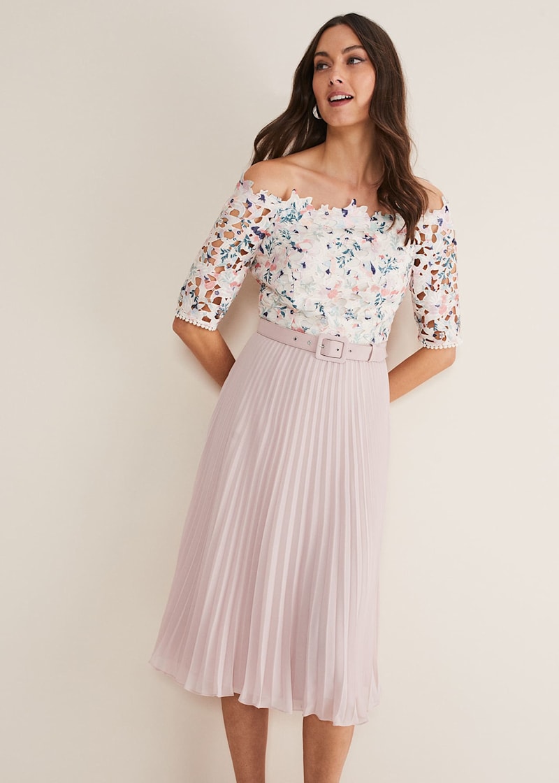 Off Shoulder Floral Appliqu Dress with Pleated Skirt Phase Eight