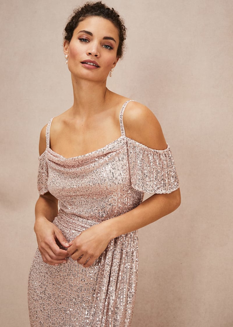 Rose gold off shoulder dress hot sale