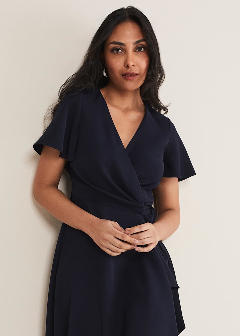 Short ruffle wrap dress deals