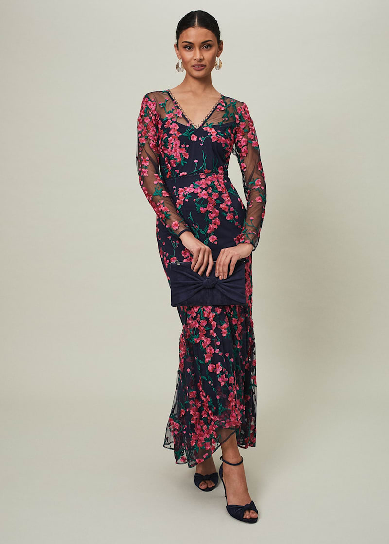 Embroidered long dress clearance