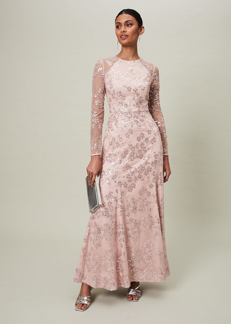 Blush pink sequin sale lace maxi dress