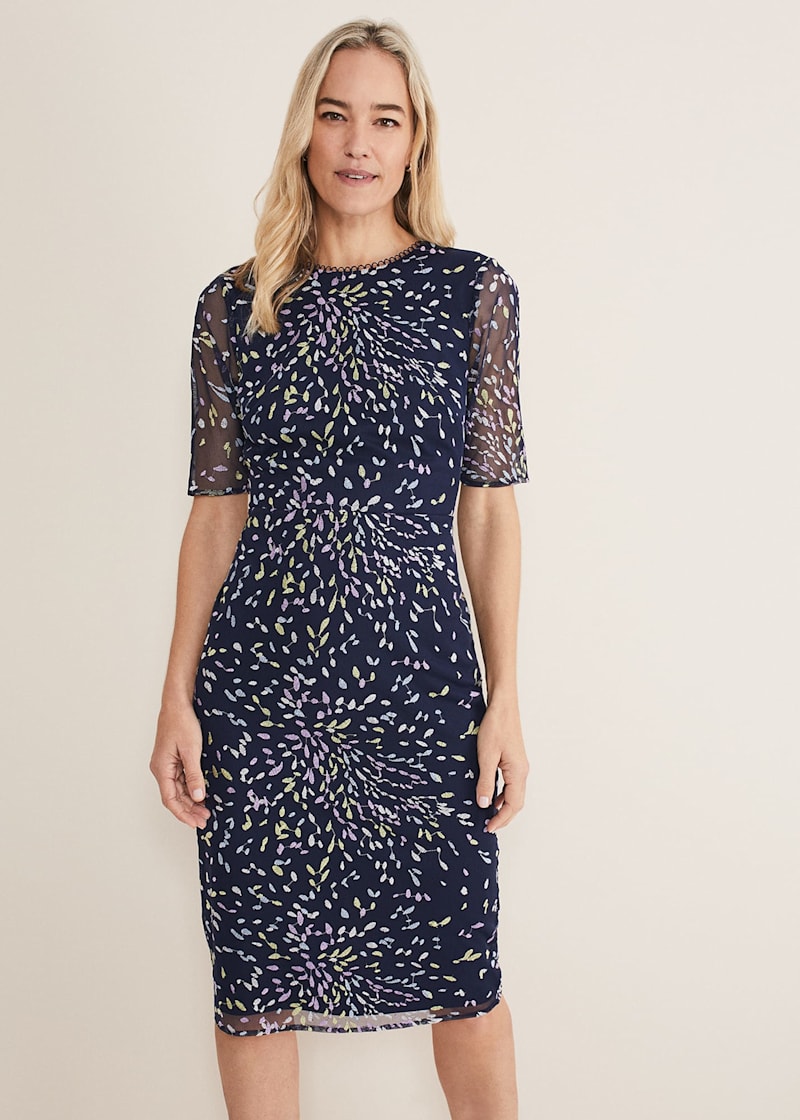 Navy Bodycon Midi Dress with Ditzy Print Embellishment Phase Eight