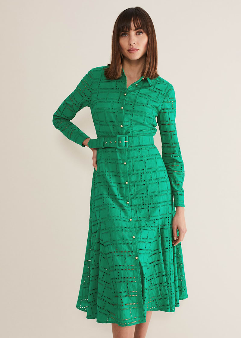 Green Broderie Shirt Dress Belted Midi Phase Eight