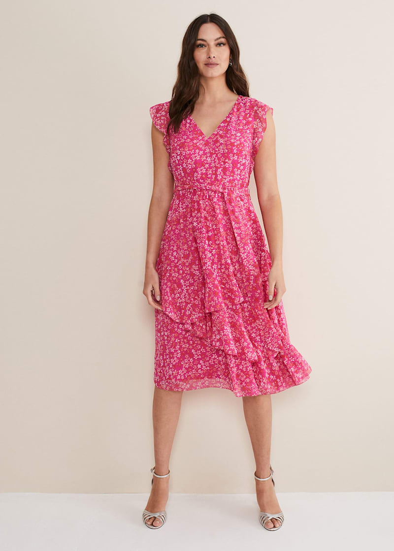 Max studio patterned ruffle wrap midi dress 2025