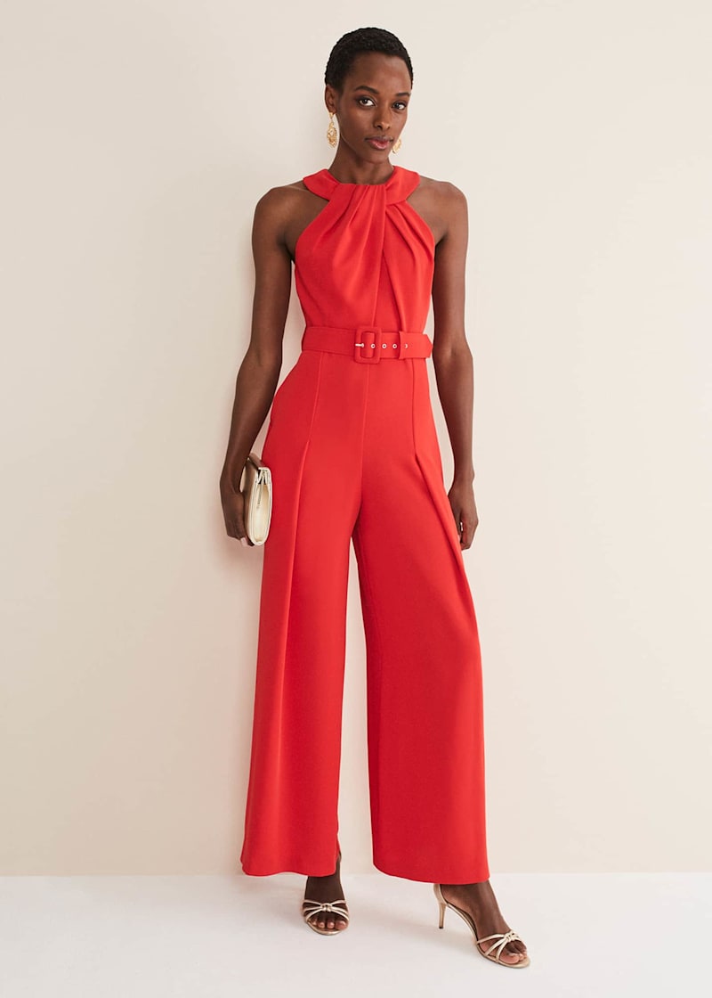 Red halter neck jumpsuit best sale