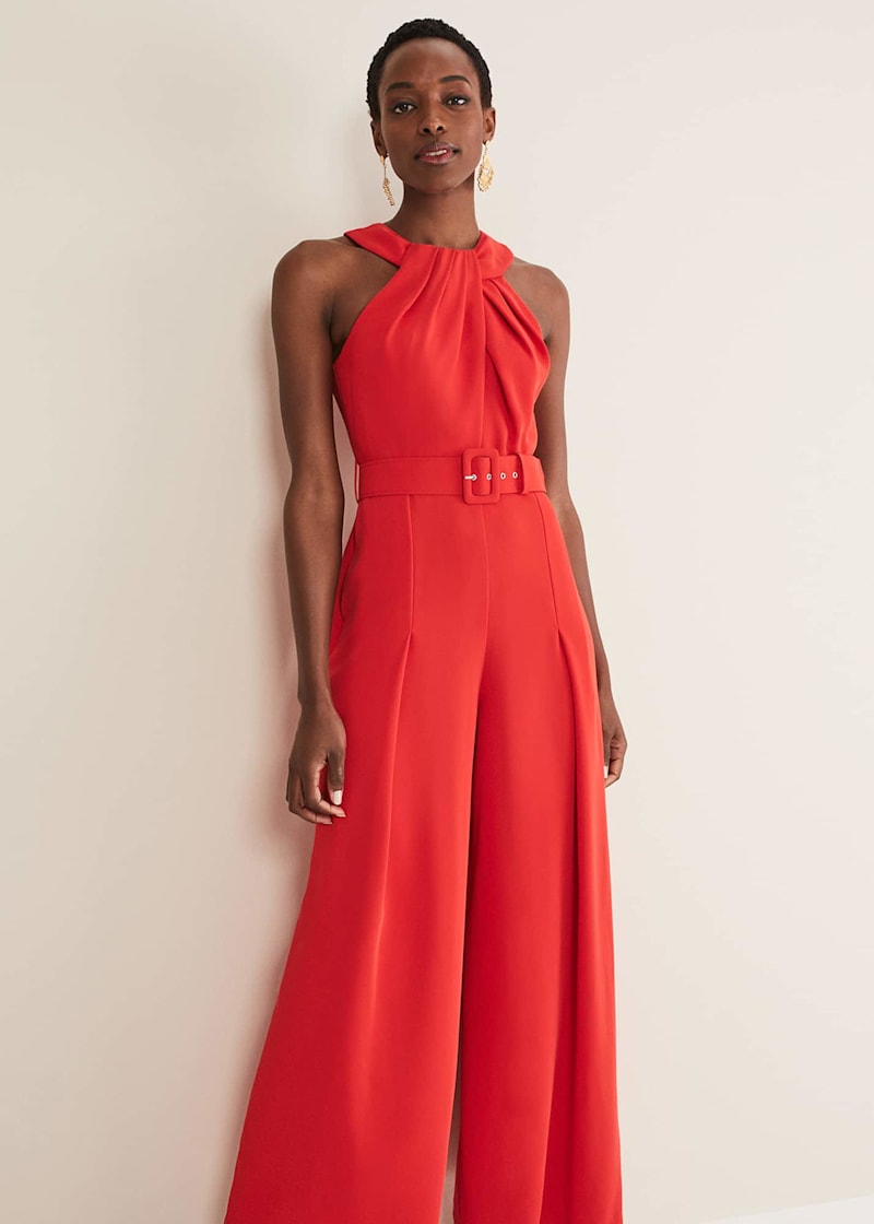 High neck red jumpsuit top