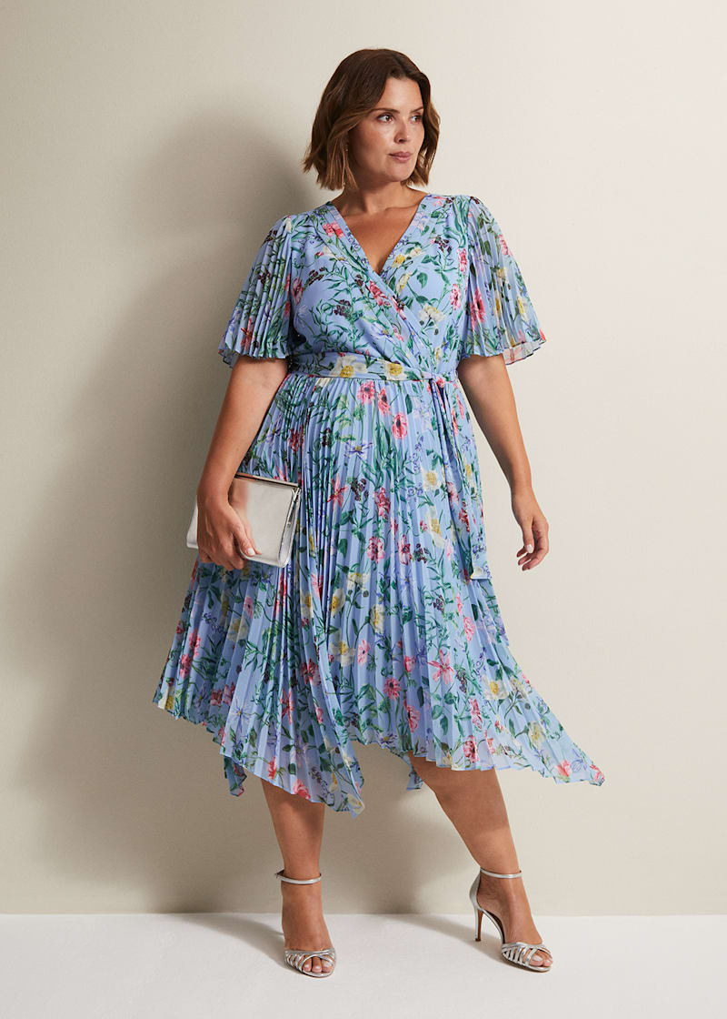 Dusty blue floral pleated midi dress shop
