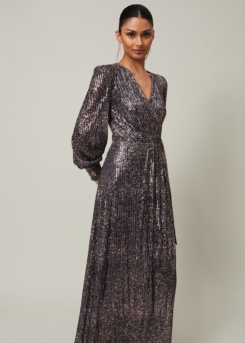 Sequin Maxi Dress with Long Sleeves Wrap Around Bodice Phase