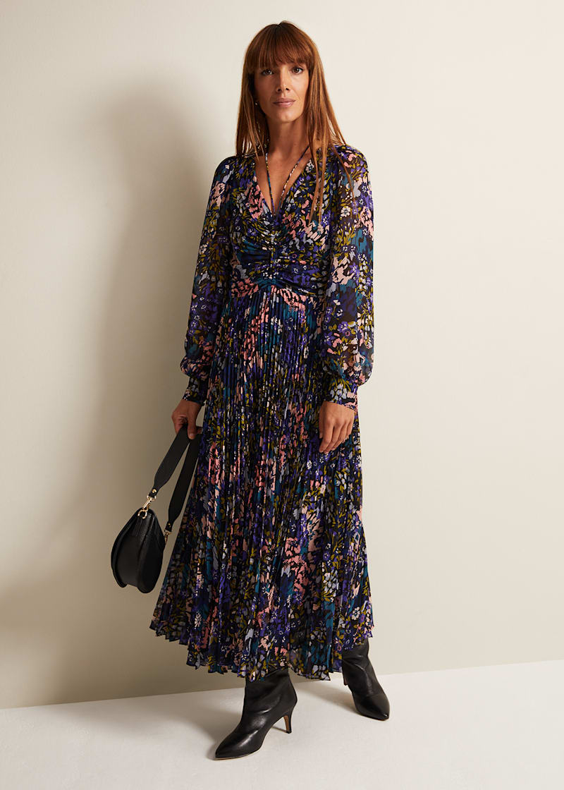Navy Multicoloured Tie Front Floral Pleated Midi Dress | Phase Eight ...
