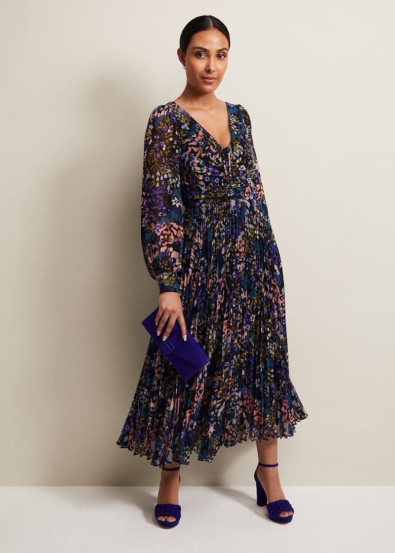 Blue floral pleated midi hot sale dress