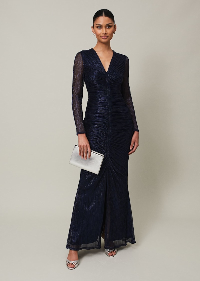Navy Blue Metallic Ruched Maxi Dress Sheer Long Sleeves | Phase Eight