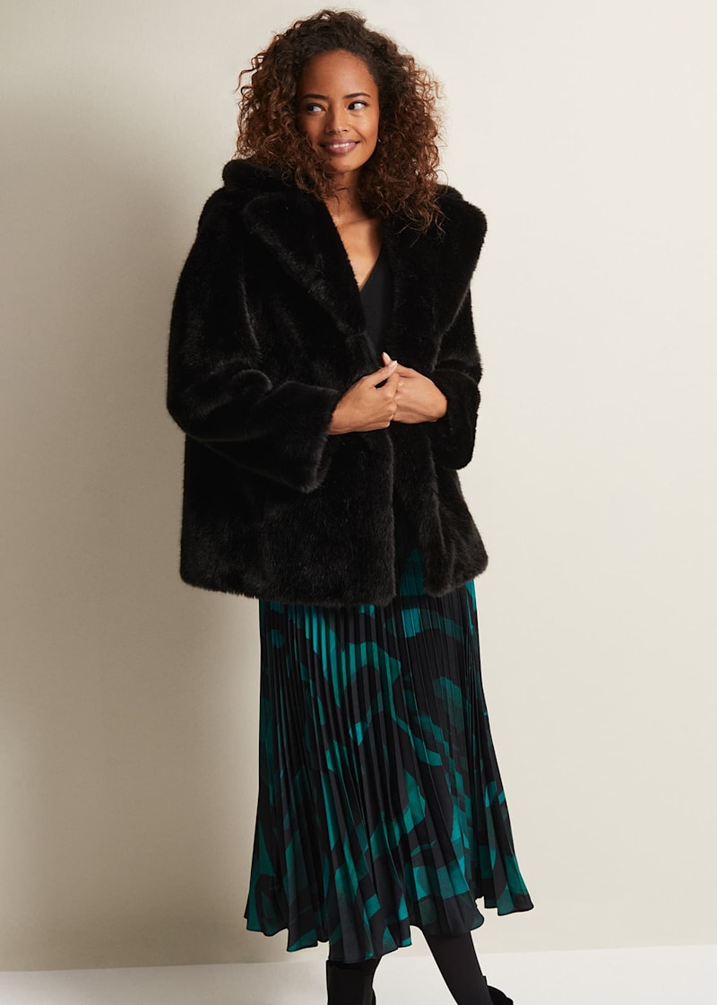 Black swirl top faux fur coat