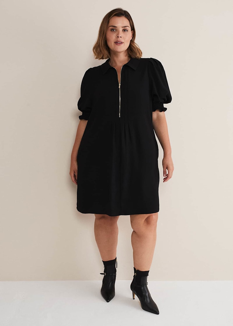 Black Zip Up Mini Dress With Frill Sleeve Cuffs | Phase Eight