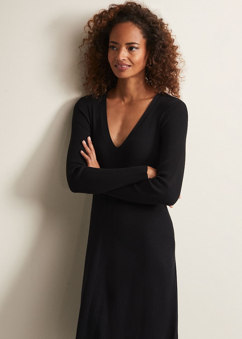 Black Fit Flare Dress with V Neck Long Sleeves Phase Eight