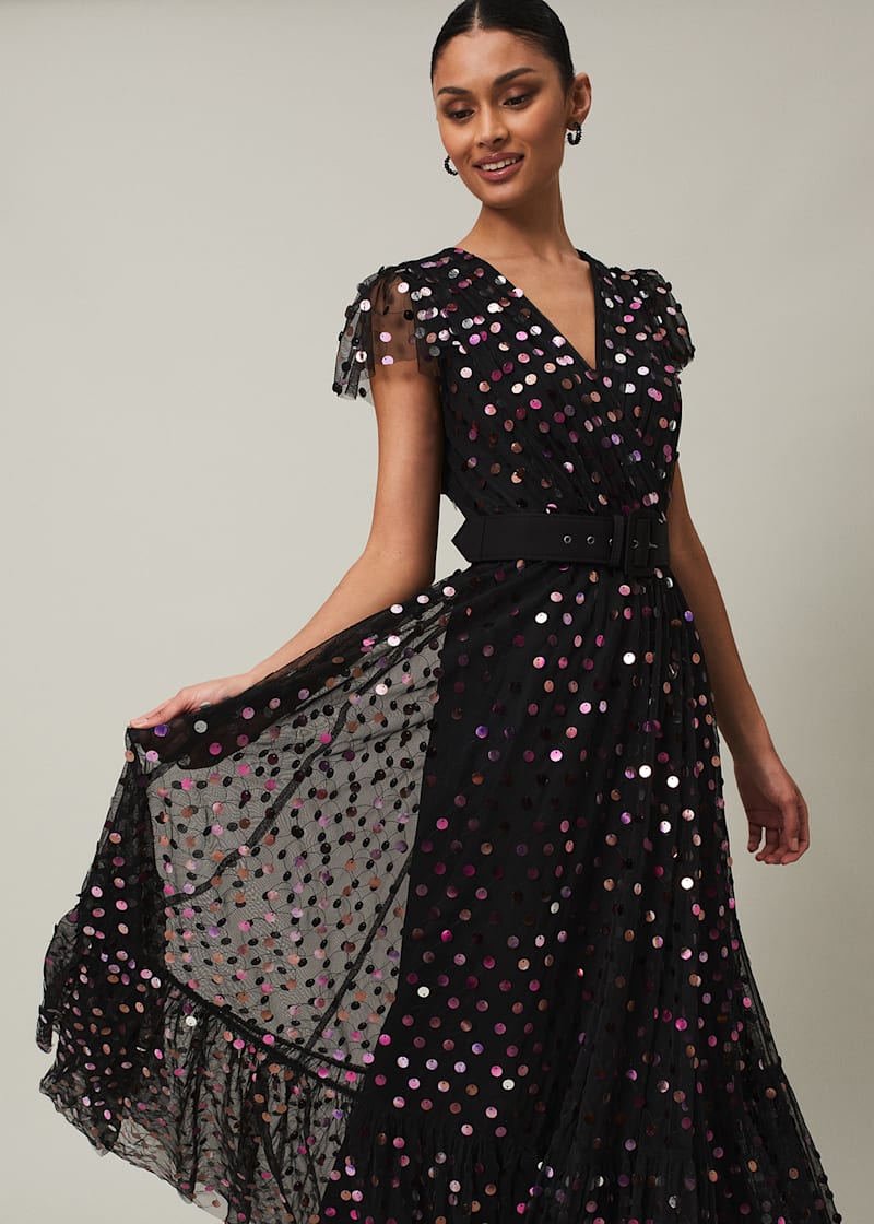 Loren Sequin Spot Tulle Maxi Dress