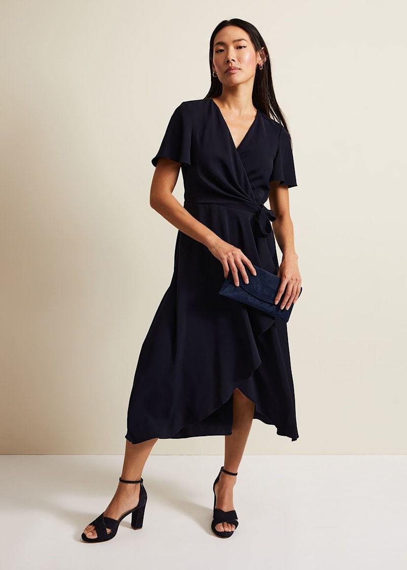 Navy Frill Wrap Dress with V Neck Fluted Sleeves Phase Eight