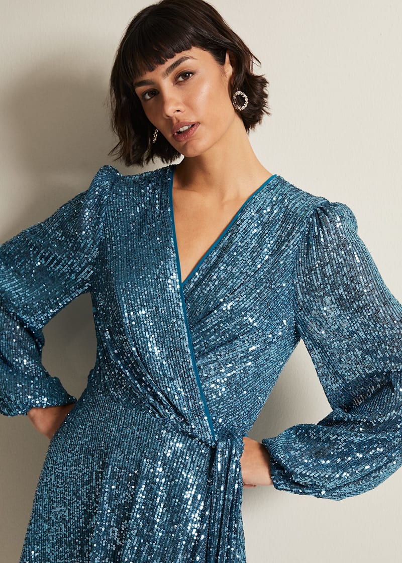 Carissa Teal Sequin Wrap Mini Dress