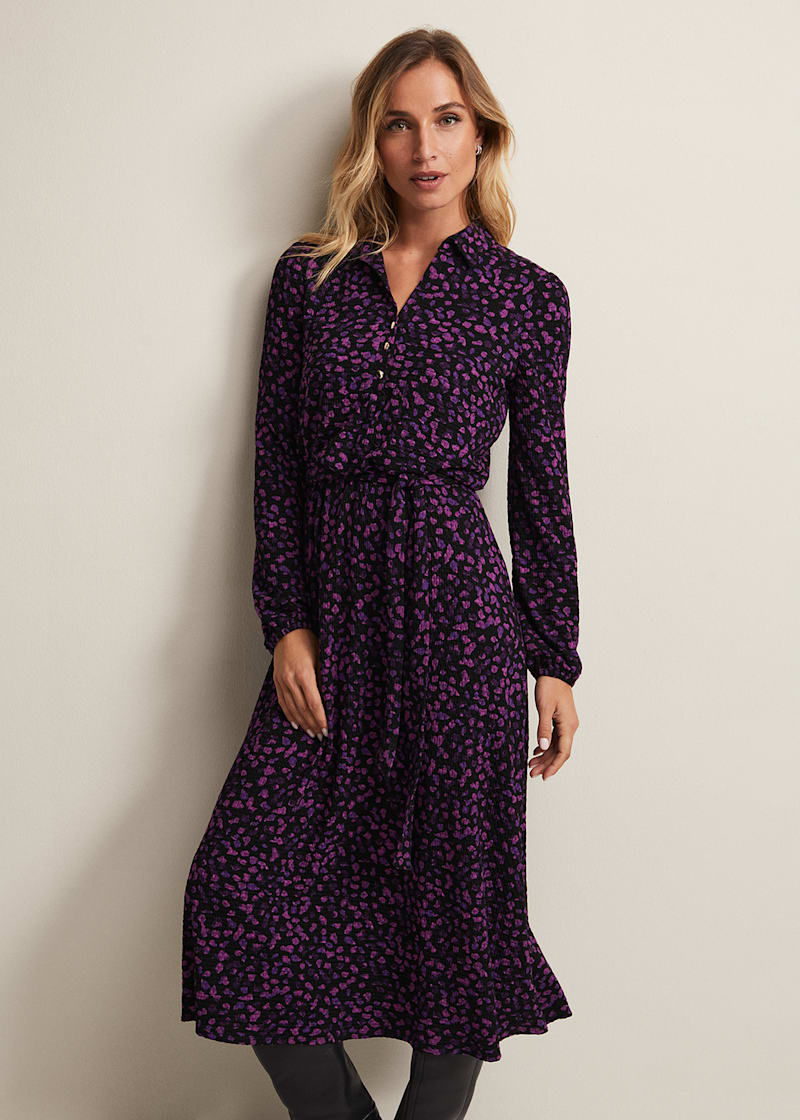 Purple Floral Button Up Midi Dress With Long Sleeves Phase Eight