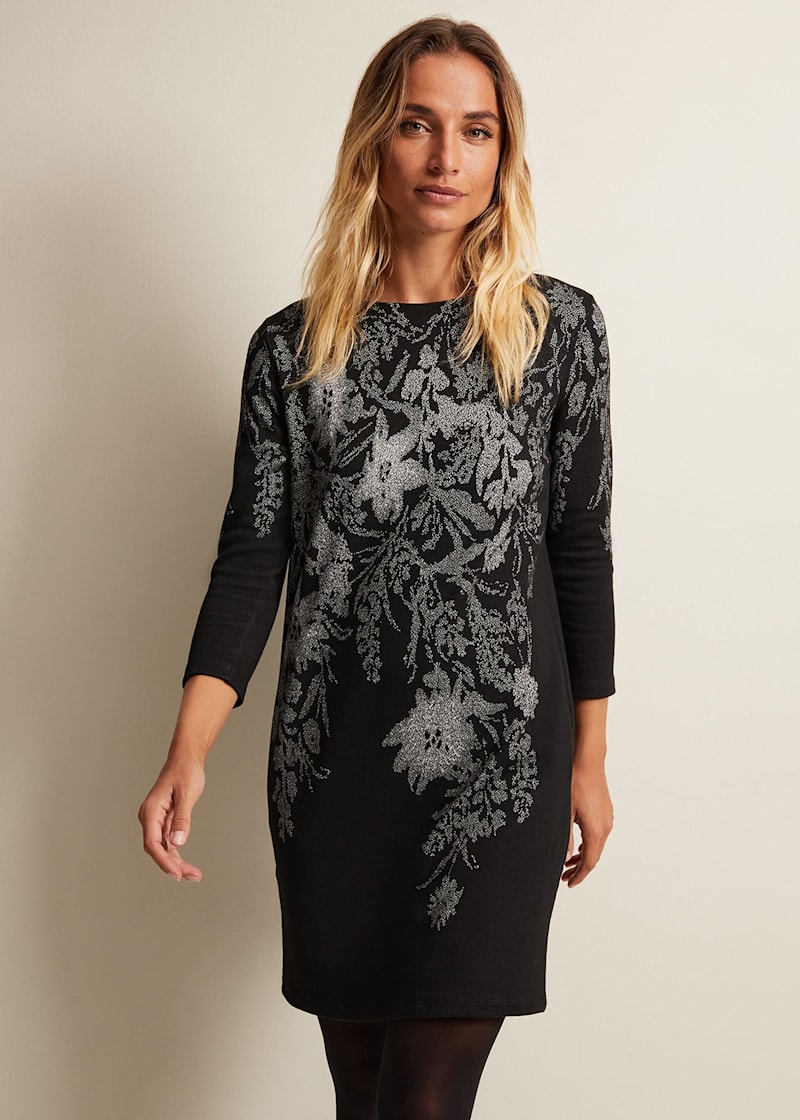 Black floral tunic dress sales