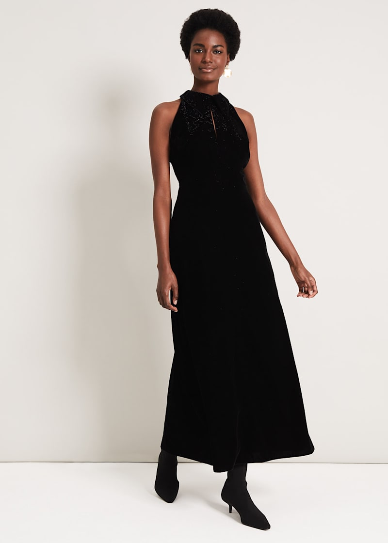 Buy BLACK SATIN HALTER NECK LONG SLIT DRESS for Women Online in India