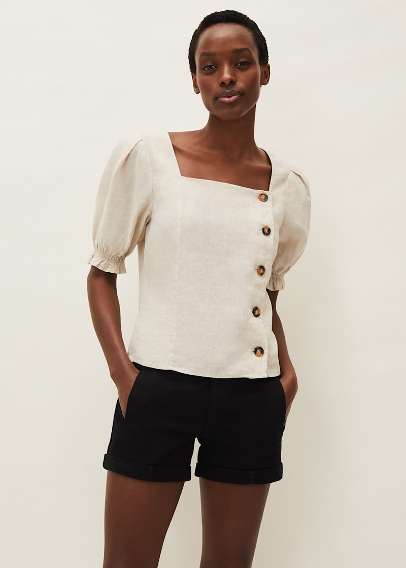 Puff sleeve linen top clearance