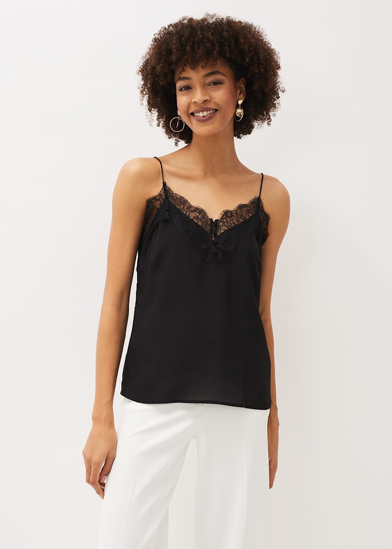 Luxury Halter Silk Camisole in Black with Leavers Lace