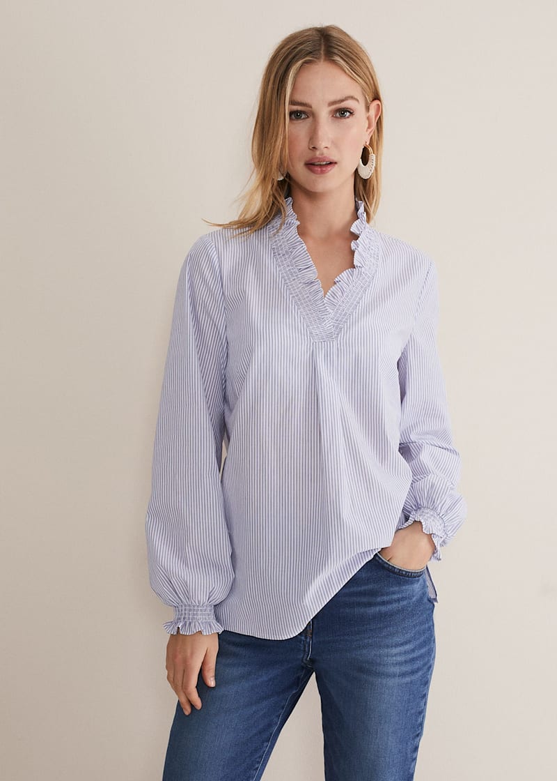 Blue & White Striped Shirt with Ruffled V-neck | Phase Eight | Phase ...