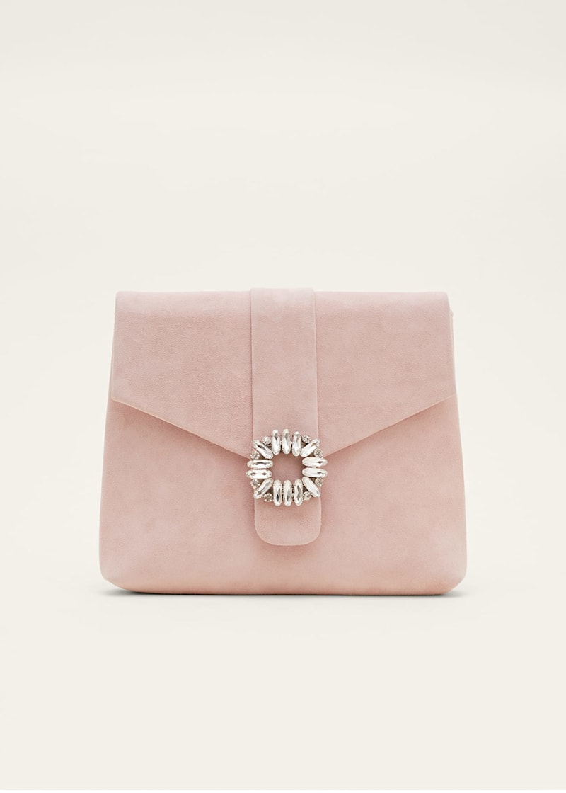 Pale pink suede clutch hot sale bag
