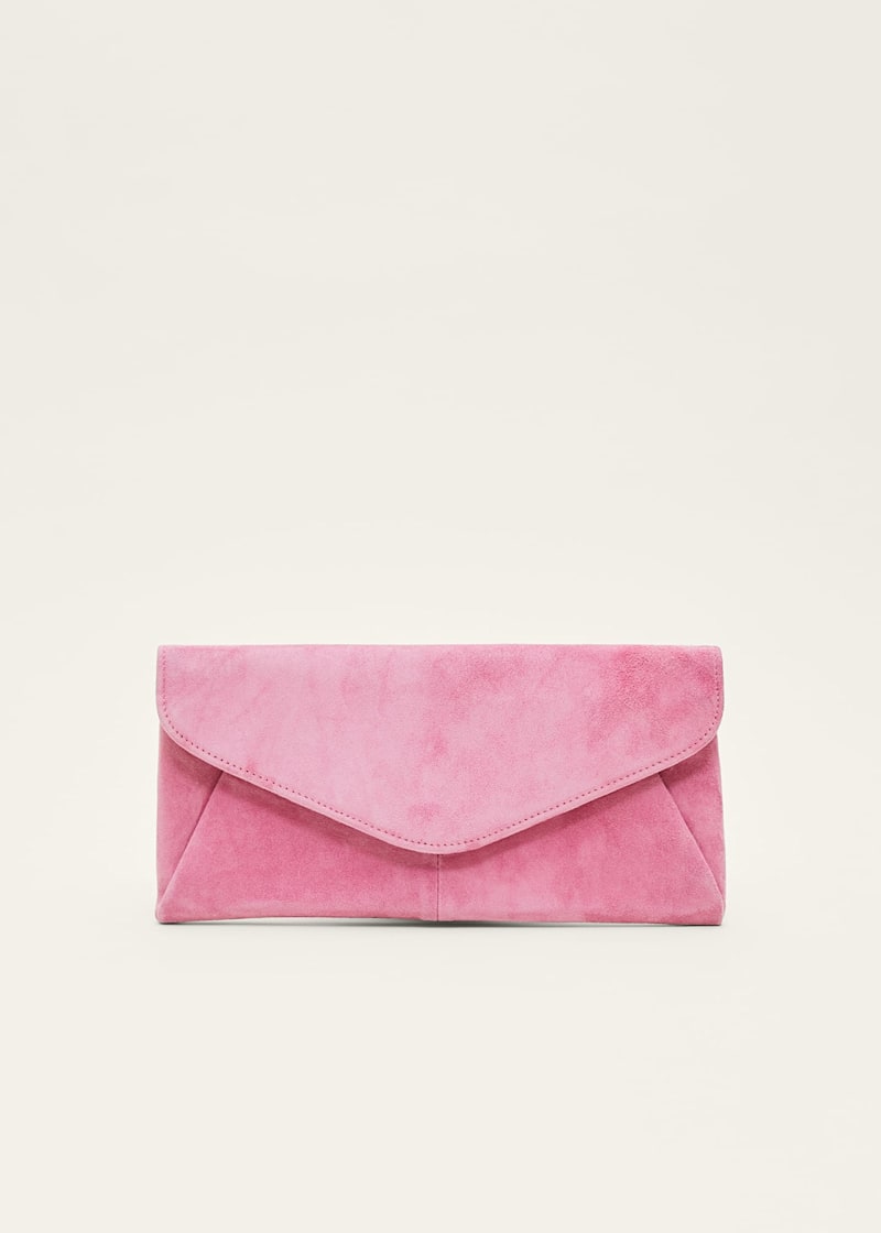 Pale pink suede clutch bag deals