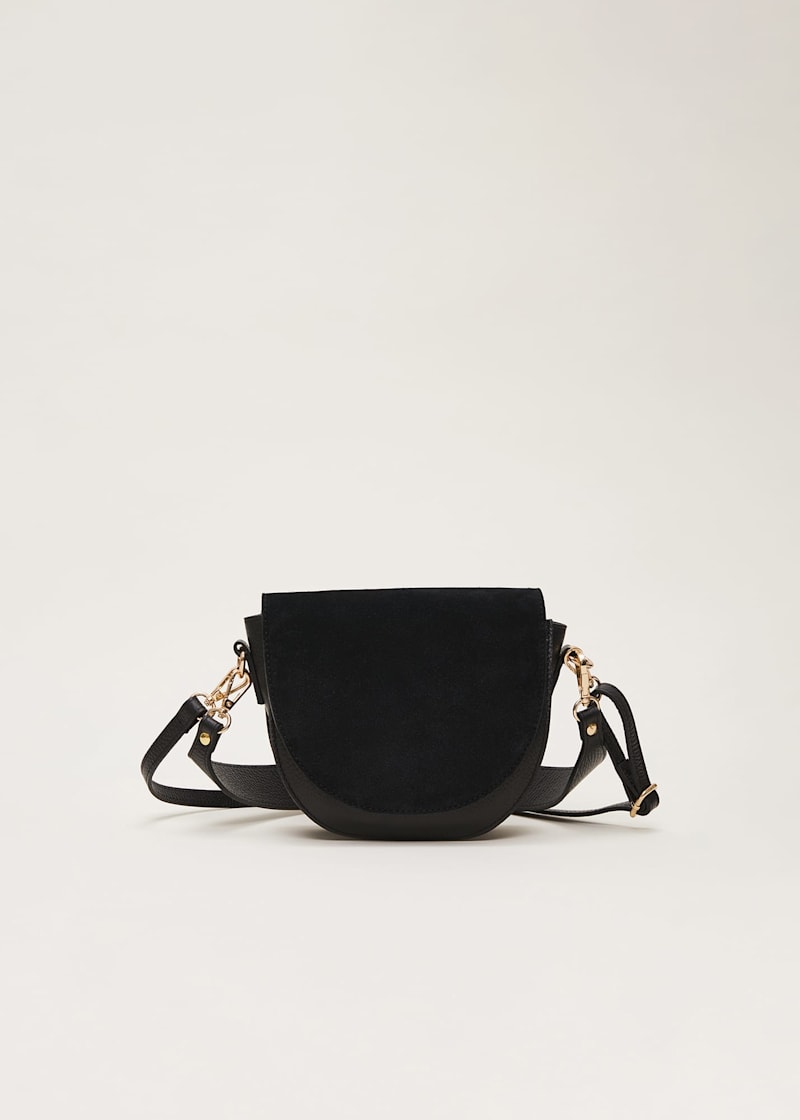 Black suede bag with gold chain outlet