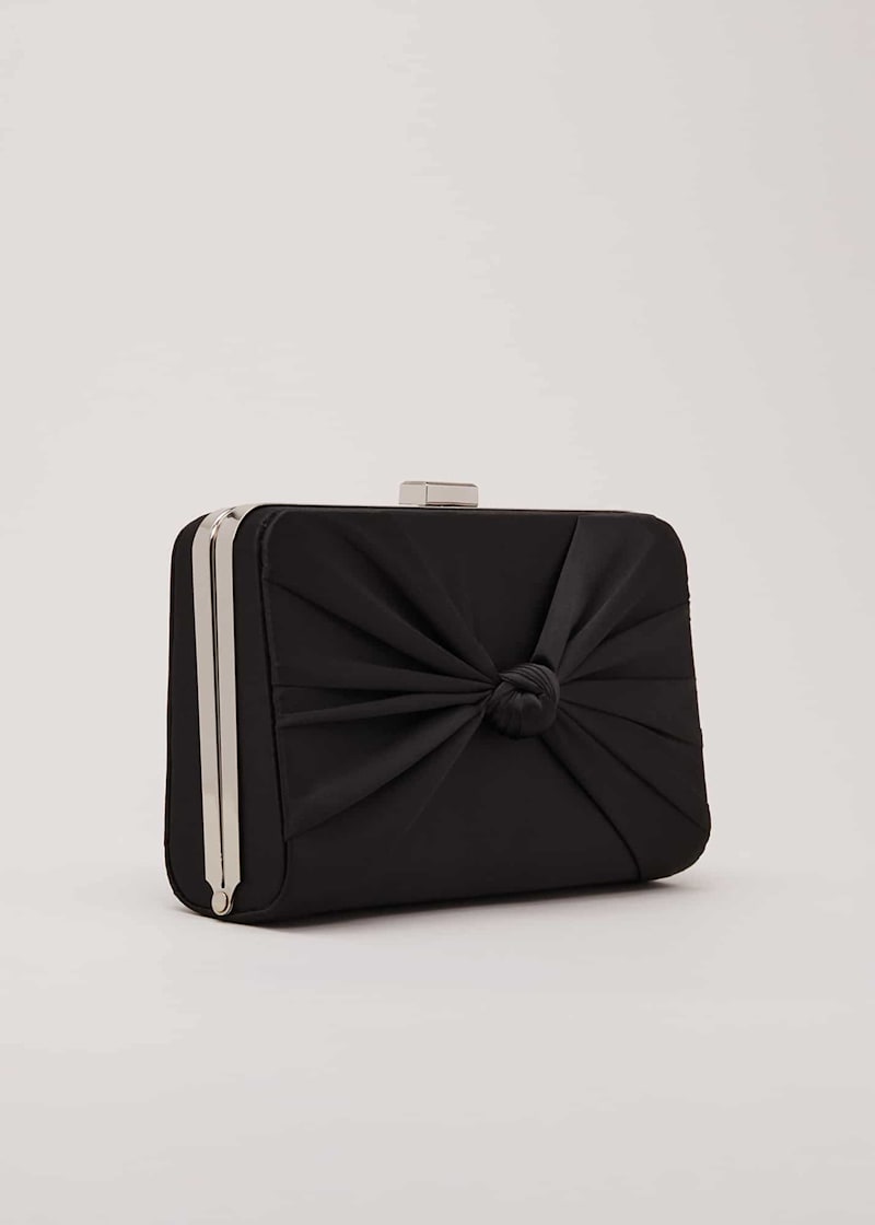 Black satin clutch bag with bow sale
