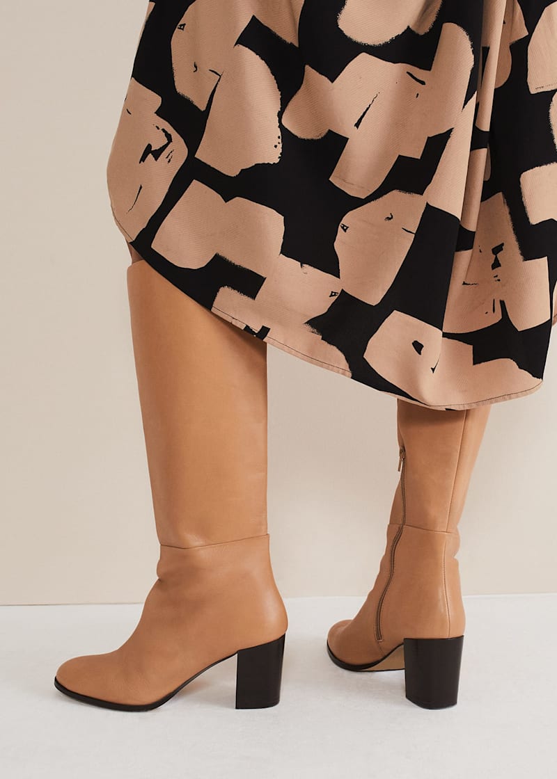 Leather block heel knee high boots deals