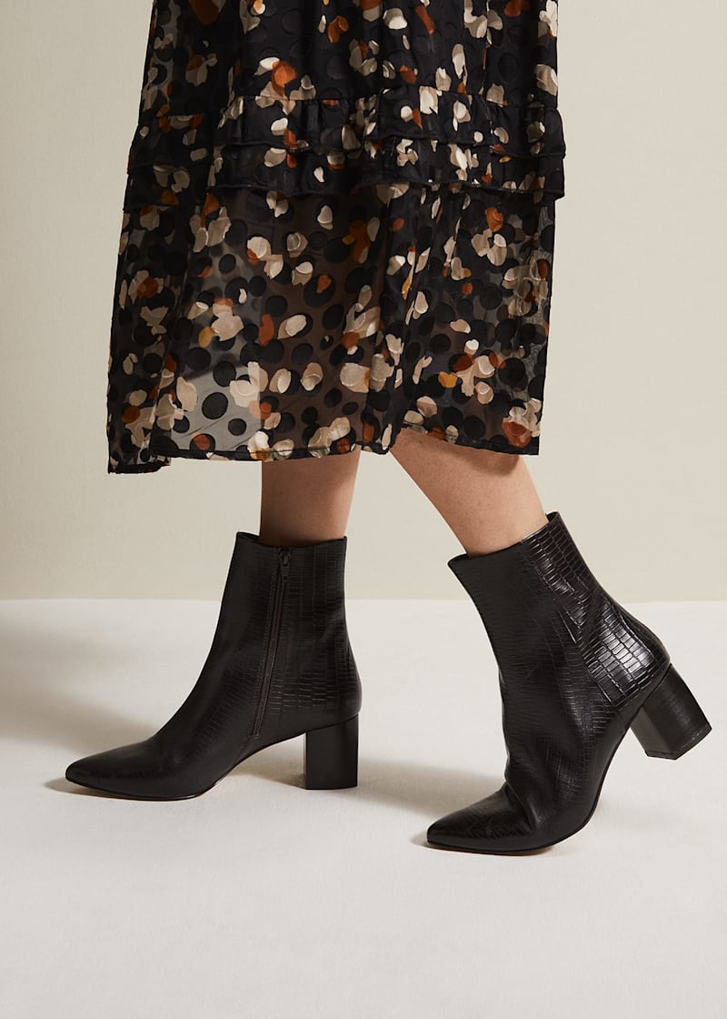 Black Leather Croc Print Ankle Boots